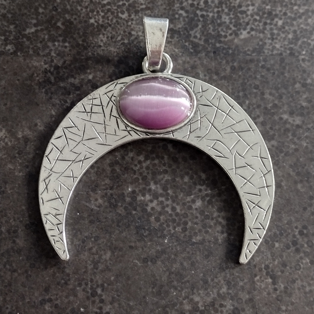 Silver Crescent Pendant with Purple Cats Eye Gemstone